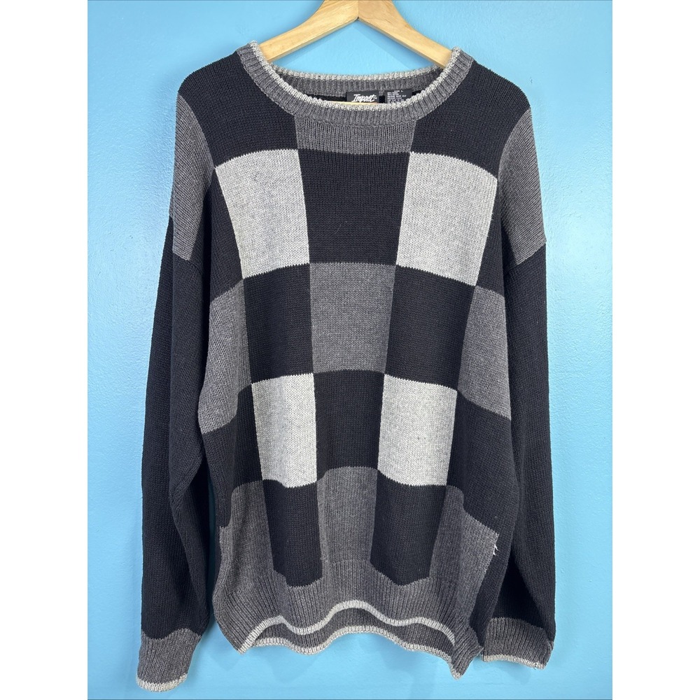 Vintage Sweater Hong Kong Large Black Checker Board Ramie Cotton Grandpacore